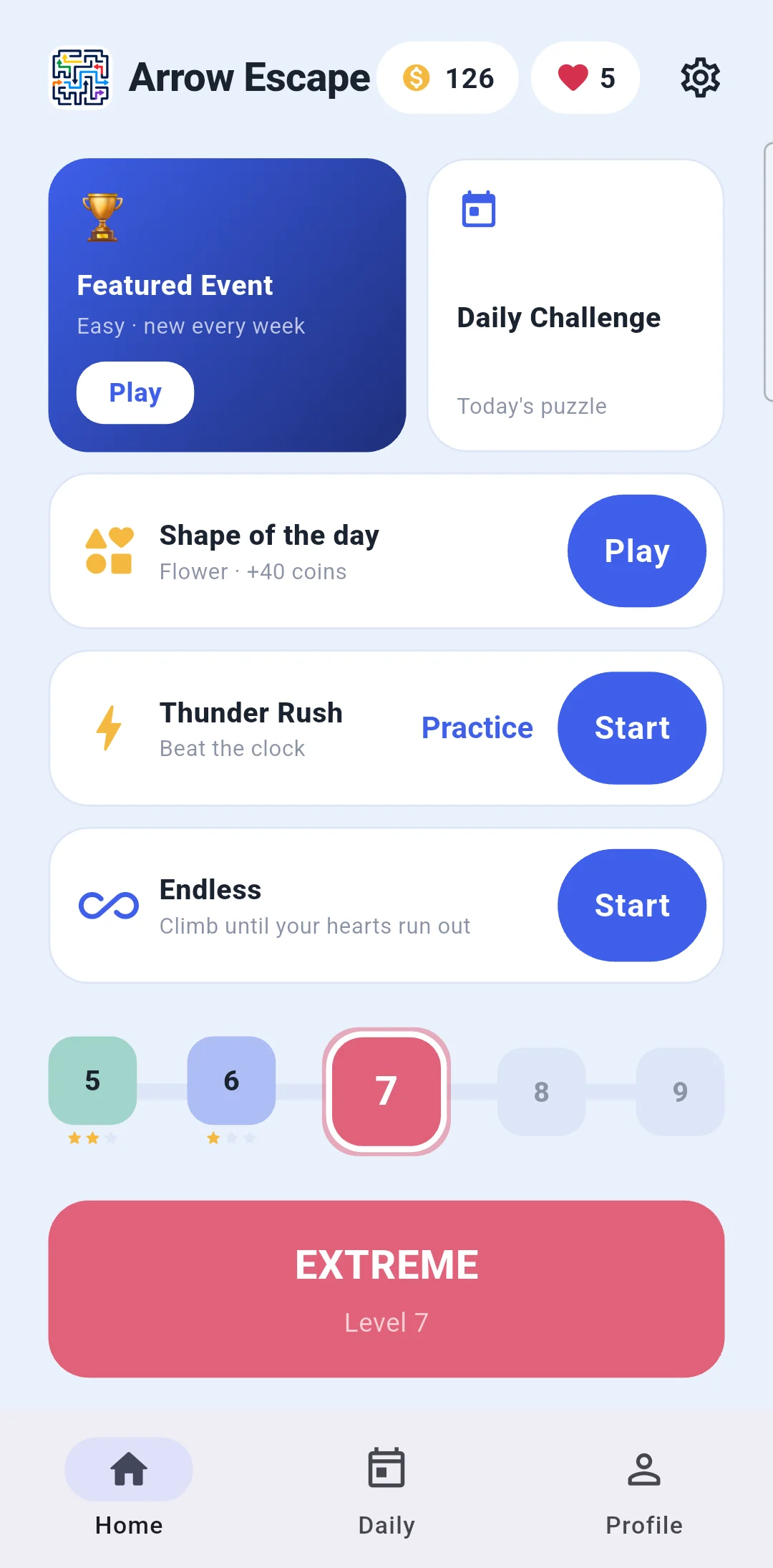 Arrow Escape home screen with daily challenge and level path