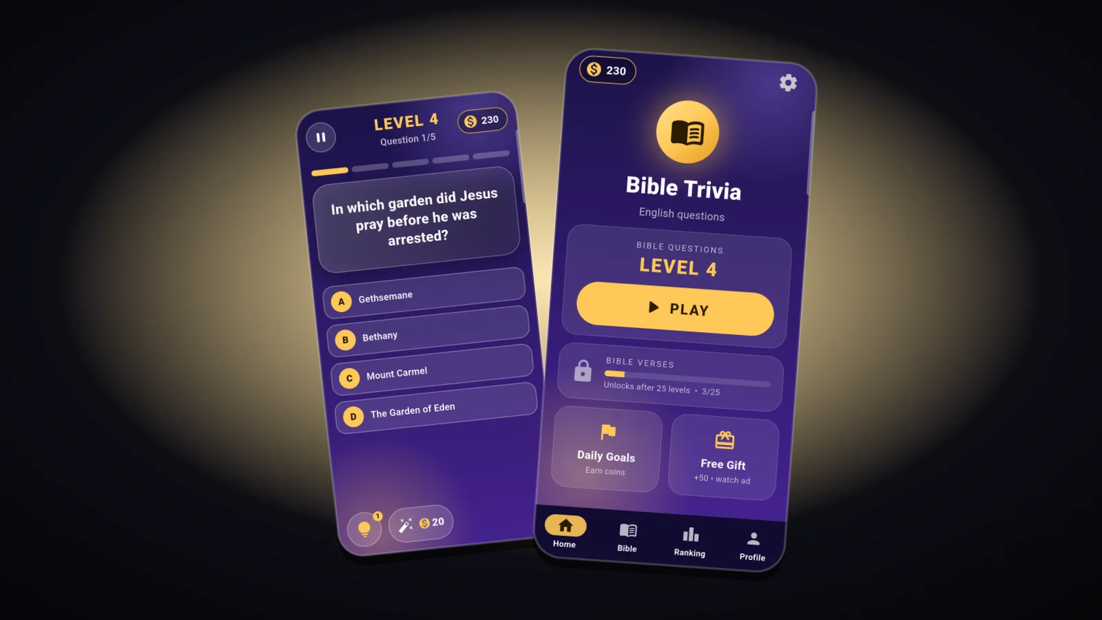 Bible Trivia gameplay screens