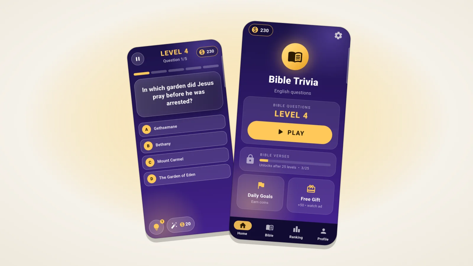 Bible Trivia gameplay screens
