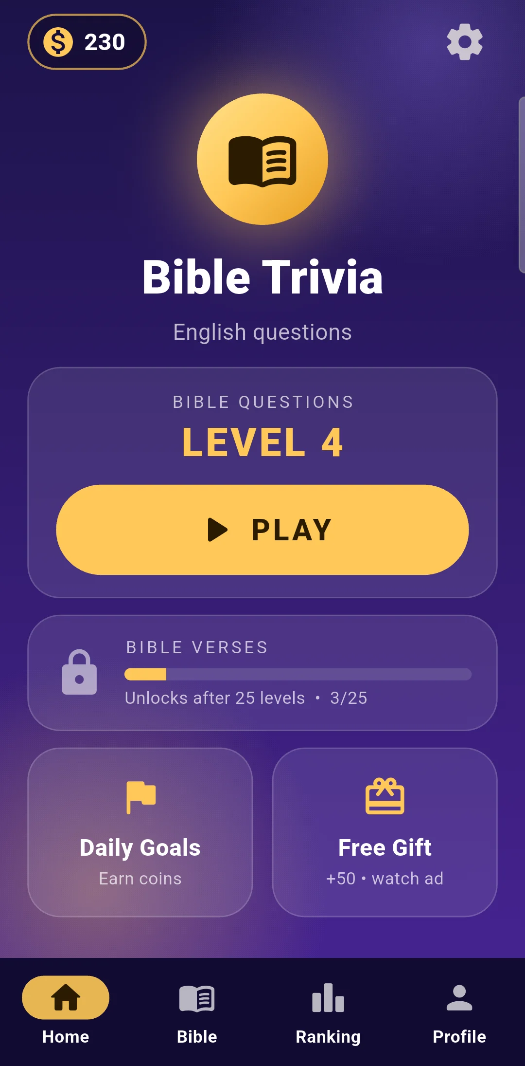 Bible Trivia home screen with level and daily goals