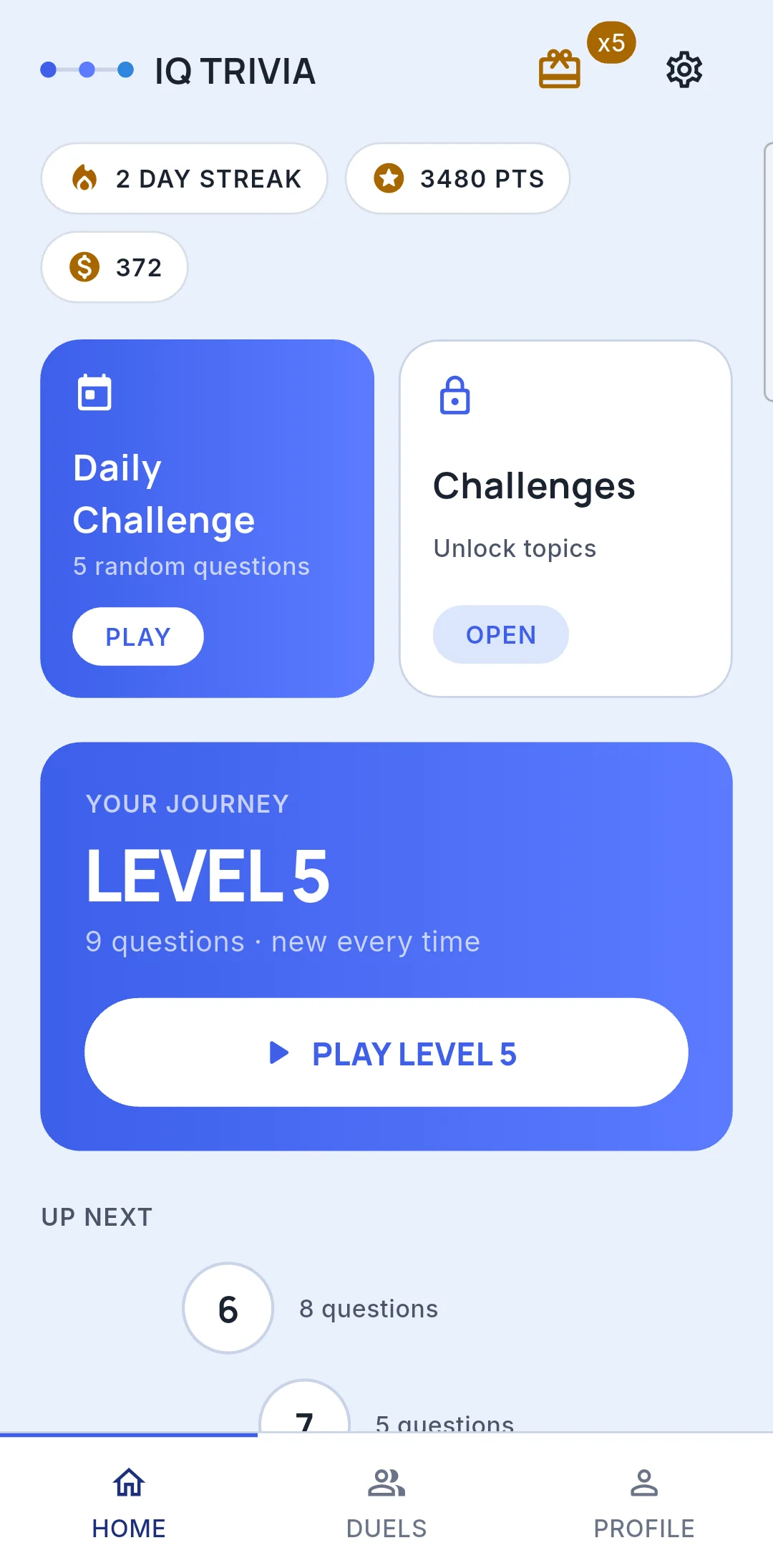 IQ Trivia home with daily challenge and journey