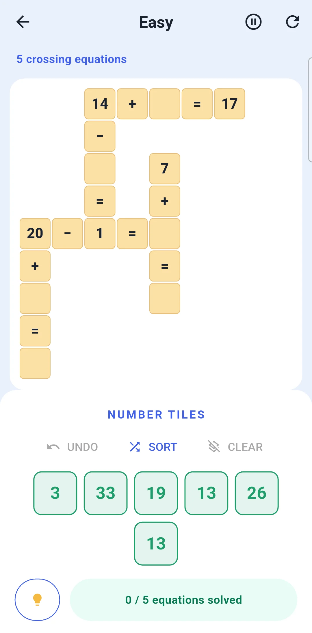 NumberCross board with crossing equations and number tiles