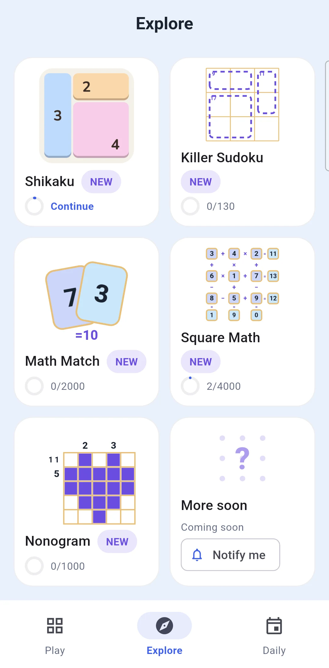 Puzzle Suite Explore shelf with Shikaku, Killer Sudoku, Math Match, Square Math and Nonogram