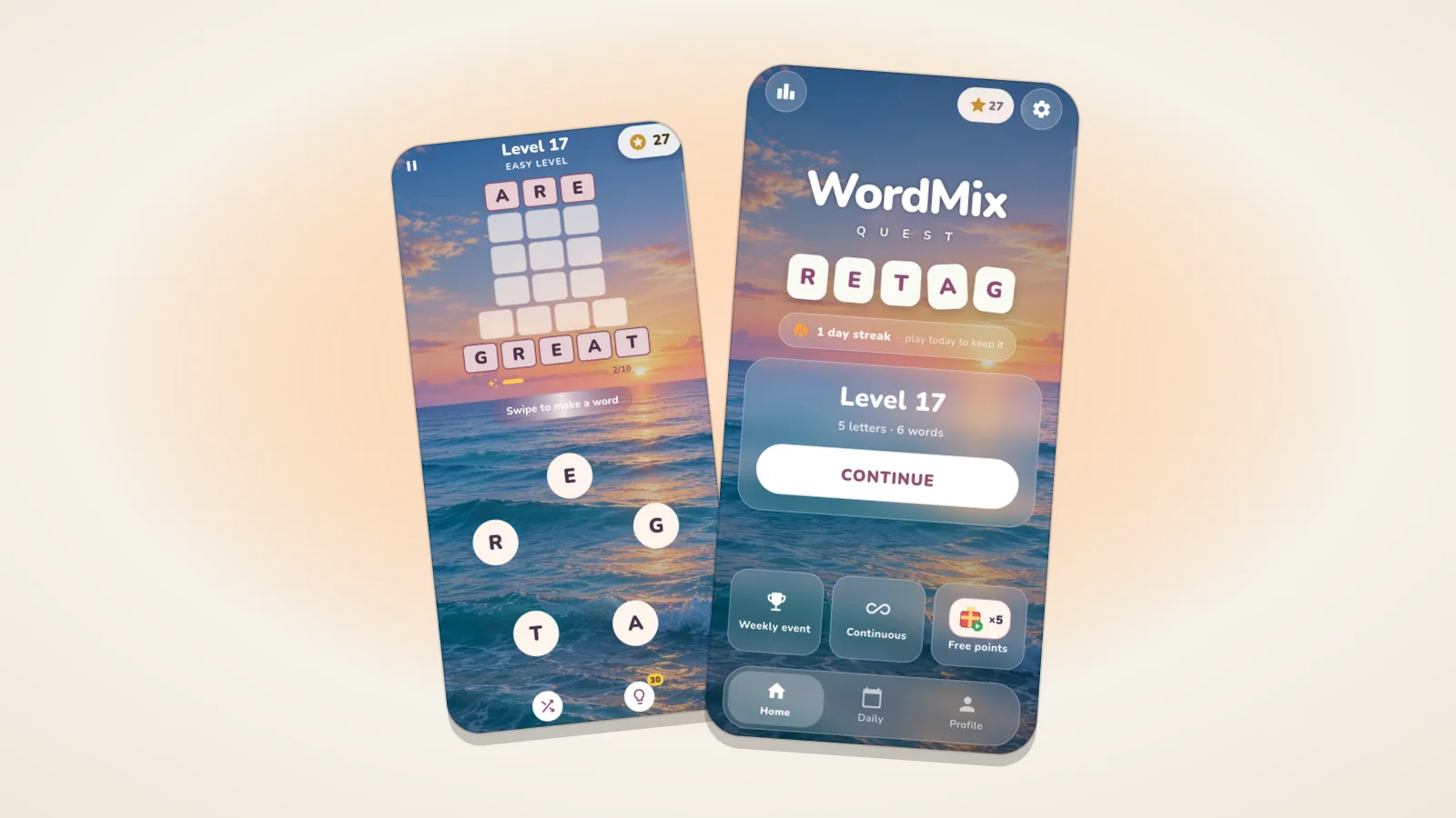 WordMix gameplay screens