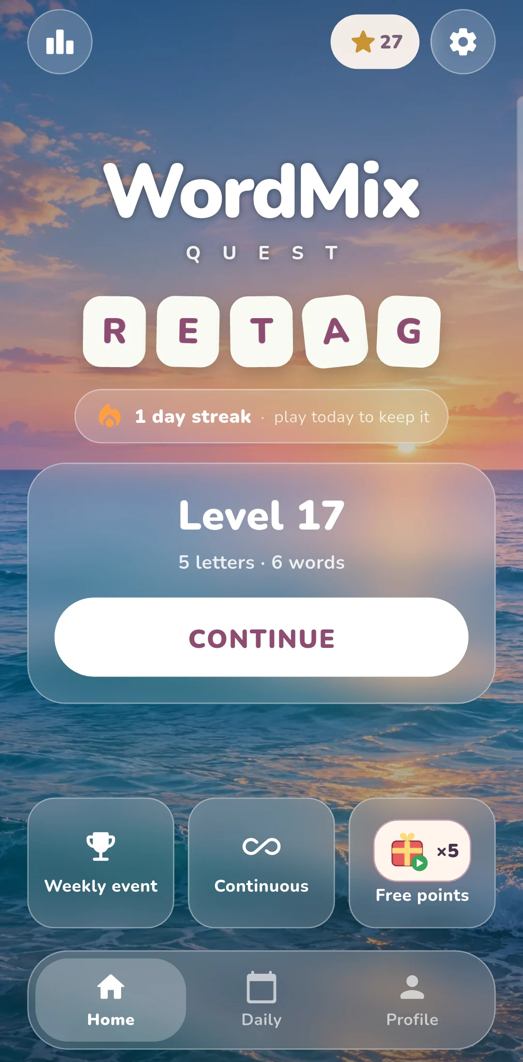 WordMix home screen over a sunset sea